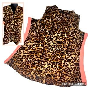 Alison Andrews Leopard Print V-Neck Color Block Sleeveless Tunic Blouse XL NWOT